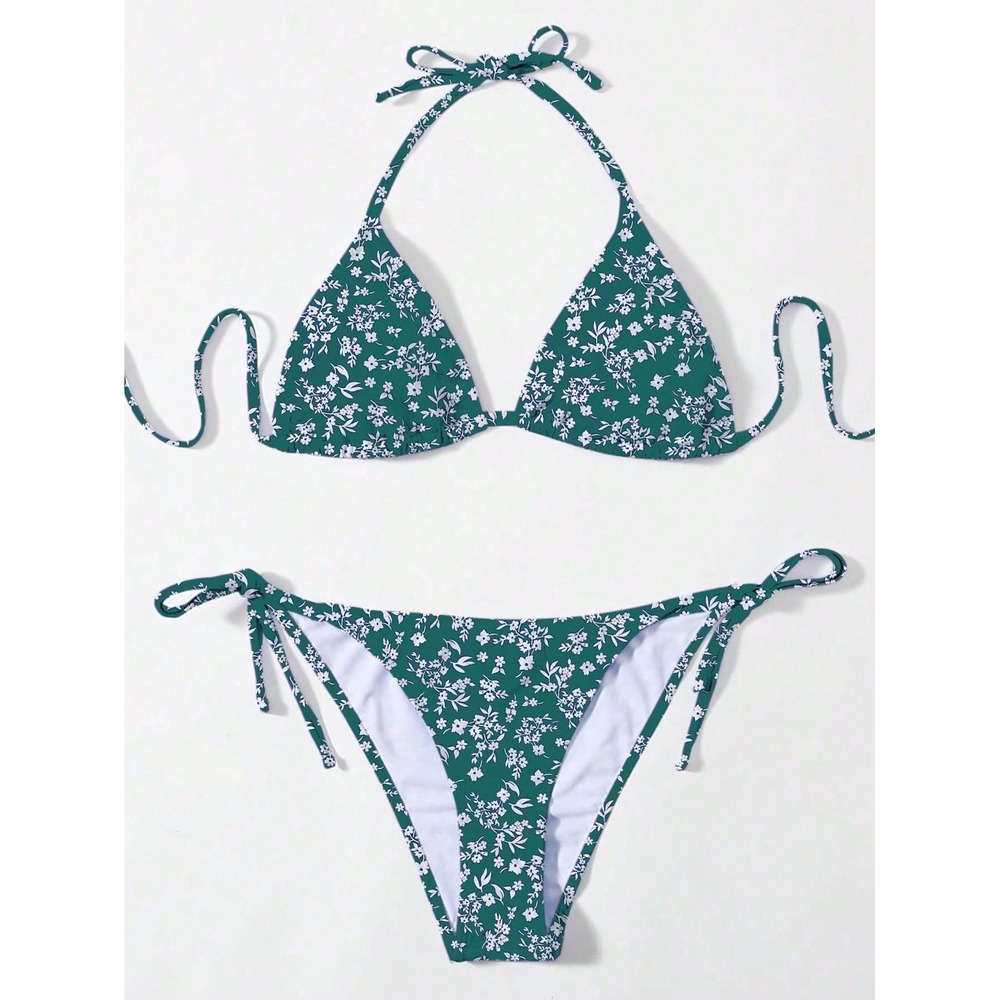 SHEIN‎ Dark Green Ditsy Floral Triangle Bikini Set Side Tie Swimsuit Size XS